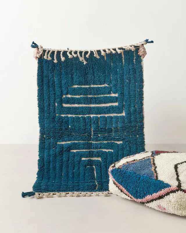 Tiny ocean blue Beni Ourain with pouf
